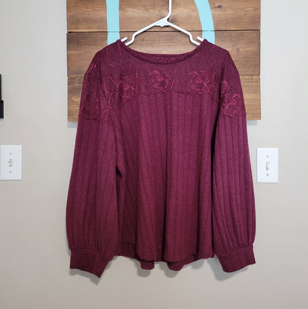 Maurices Burgundy Long Sleeve Top with Floral Lace Detail Size 2x
